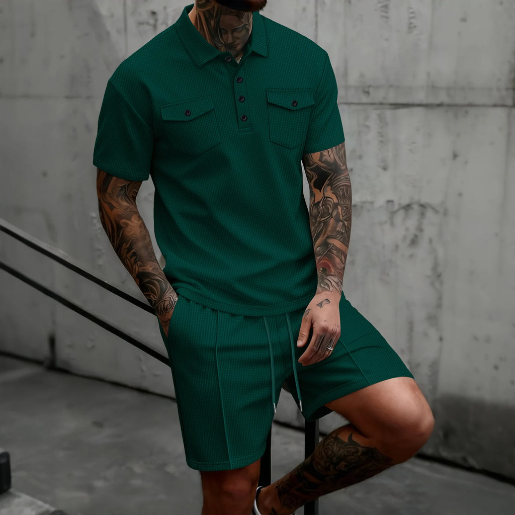 2026 New Men's Waffle Knit Double Pocket Polo Two-Piece Set S-3XL