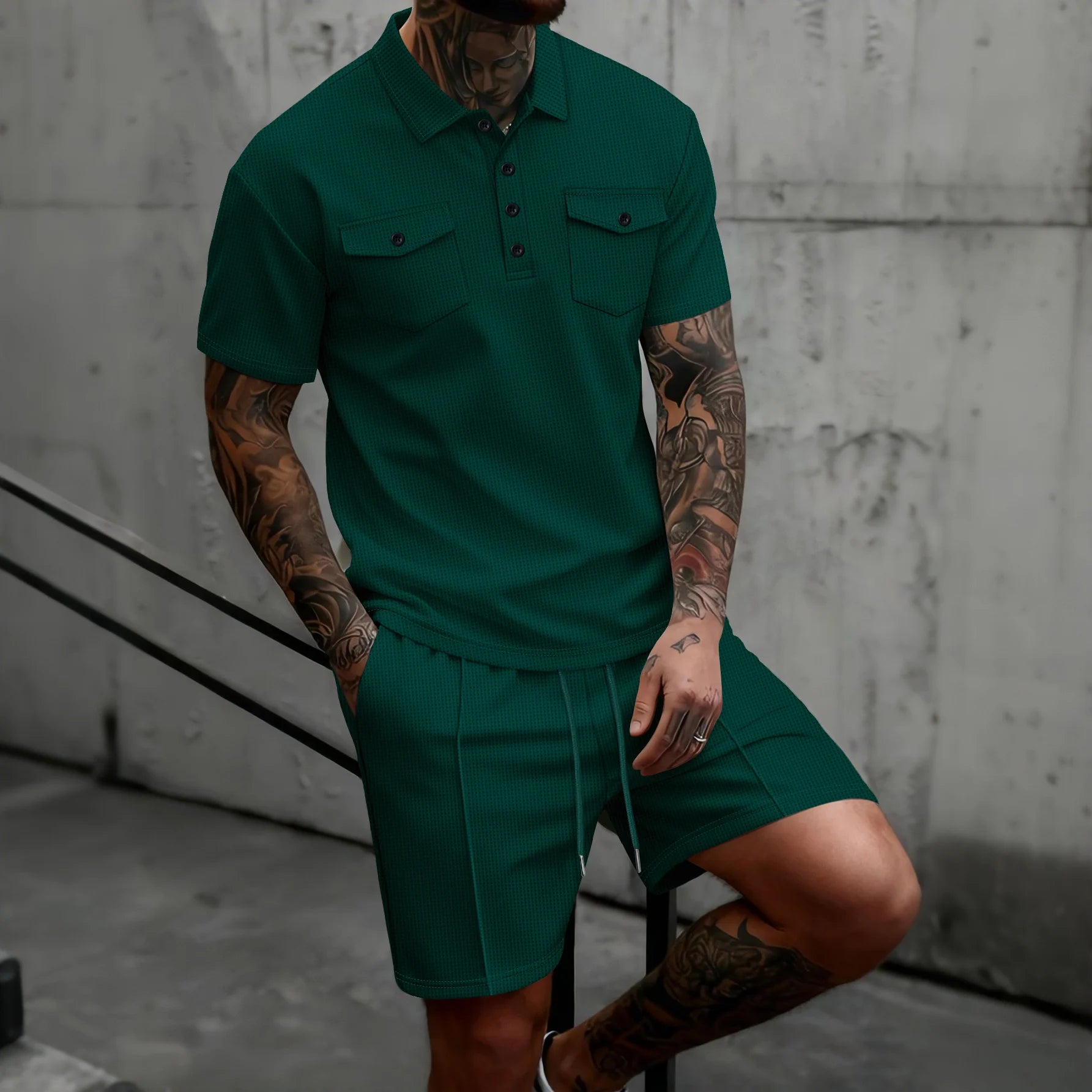 2026 New Men's Waffle Knit Double Pocket Polo Two-Piece Set S-3XL