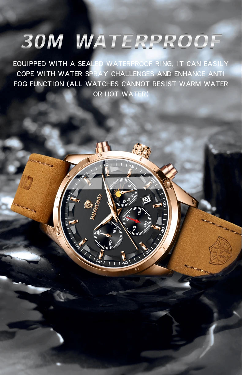 BINBOND  luminous waterproof accurate sturdy luxury quartz wristwatches for men chronograph auto date men's watch casual reloj