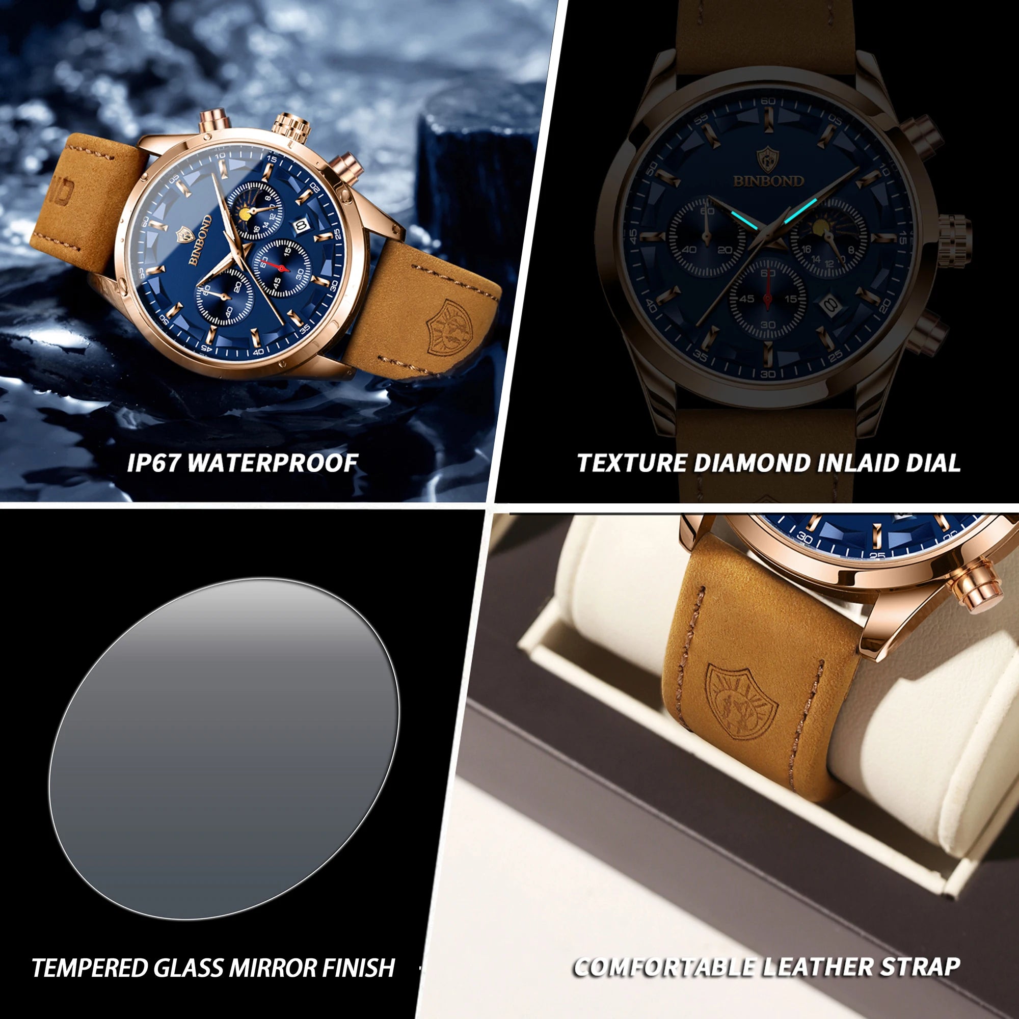 BINBOND  luminous waterproof accurate sturdy luxury quartz wristwatches for men chronograph auto date men's watch casual reloj