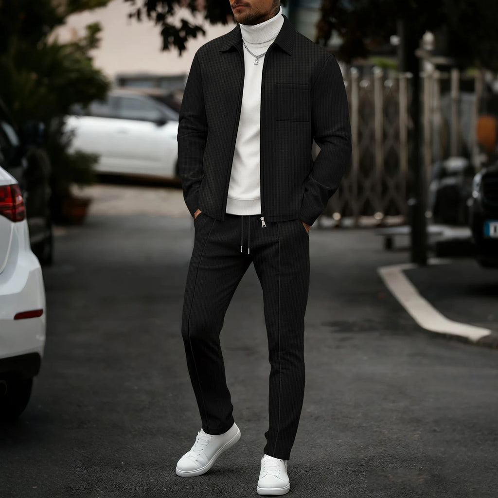 Men's two-piece casual suit, waffle texture jacket and trousers set, plain color casual street style winter and autumn outfit