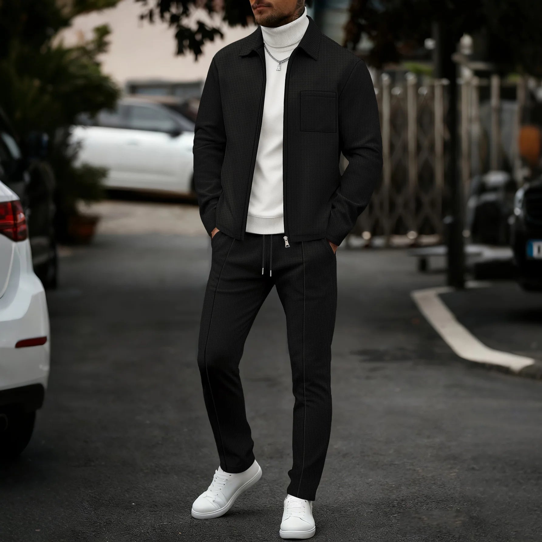 Men's two-piece casual suit, waffle texture jacket and trousers set, plain color casual street style winter and autumn outfit
