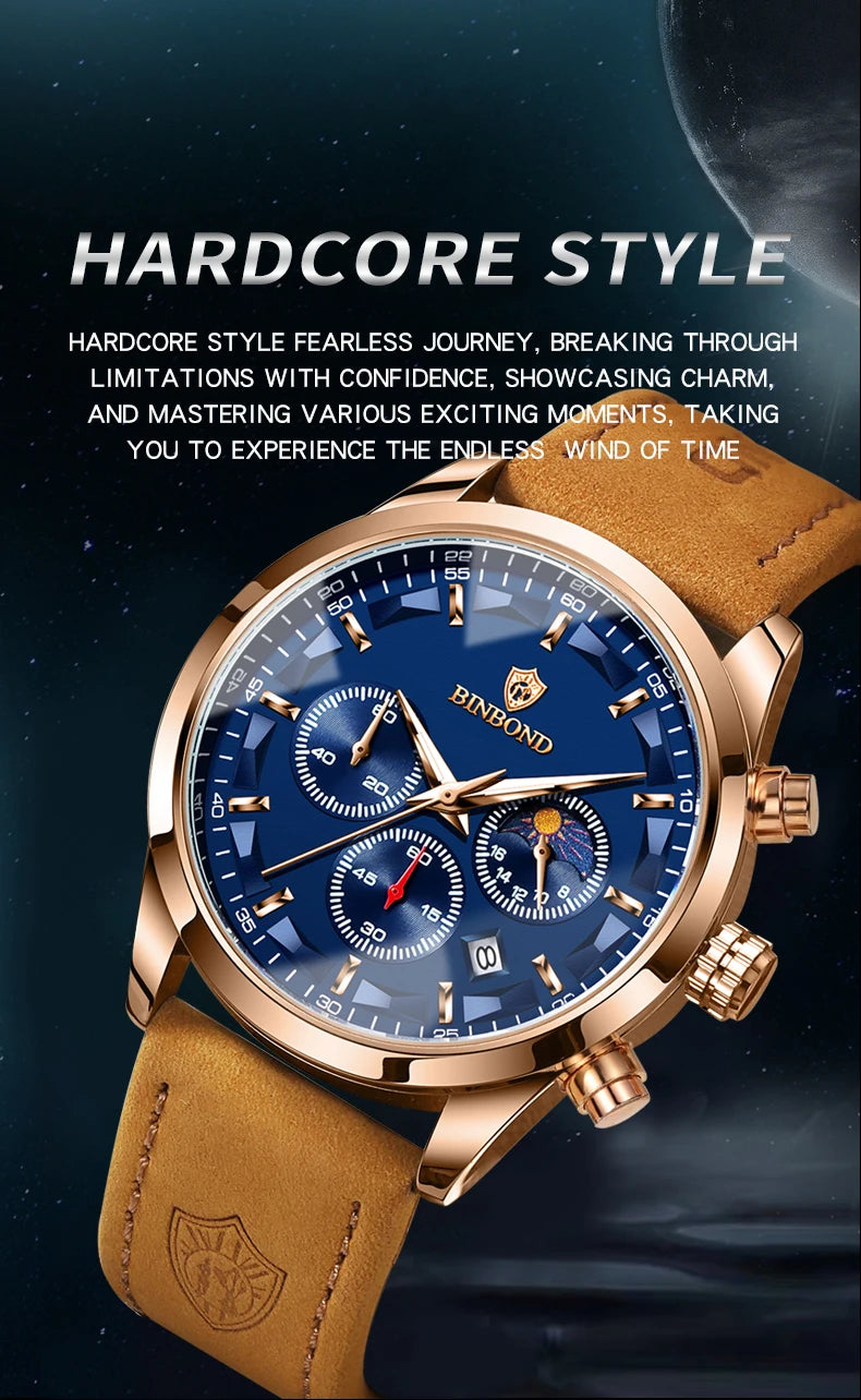 BINBOND  luminous waterproof accurate sturdy luxury quartz wristwatches for men chronograph auto date men's watch casual reloj