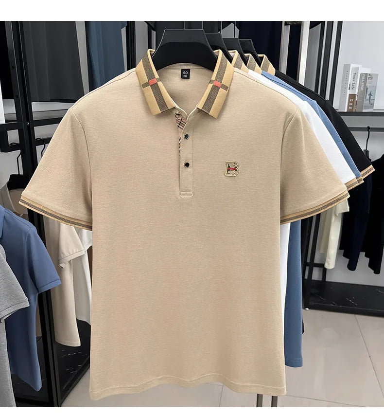 2026 High-end Letter B Printed Summer Men's Color Blocked Lapel Short Sleeved Polo Shirt Versatile Tshirt for Business Commuting