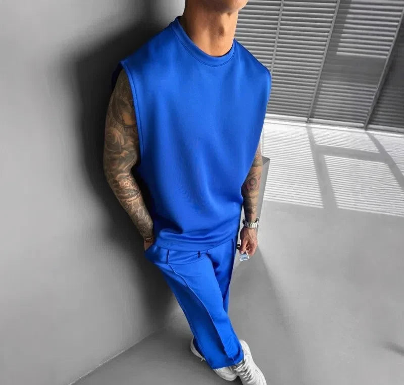 Breathable Sleeveless Summer New Men's Fitness Suit T-shirt Loose Sports Pants European and American Training Suit Two-piece Set