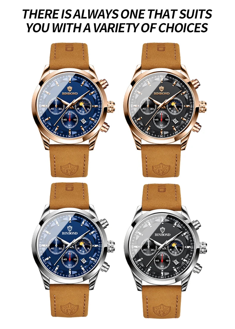 BINBOND  luminous waterproof accurate sturdy luxury quartz wristwatches for men chronograph auto date men's watch casual reloj