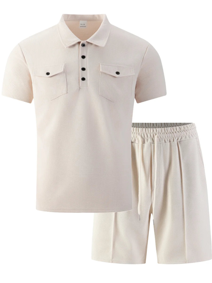 2026 New Men's Waffle Knit Double Pocket Polo Two-Piece Set S-3XL