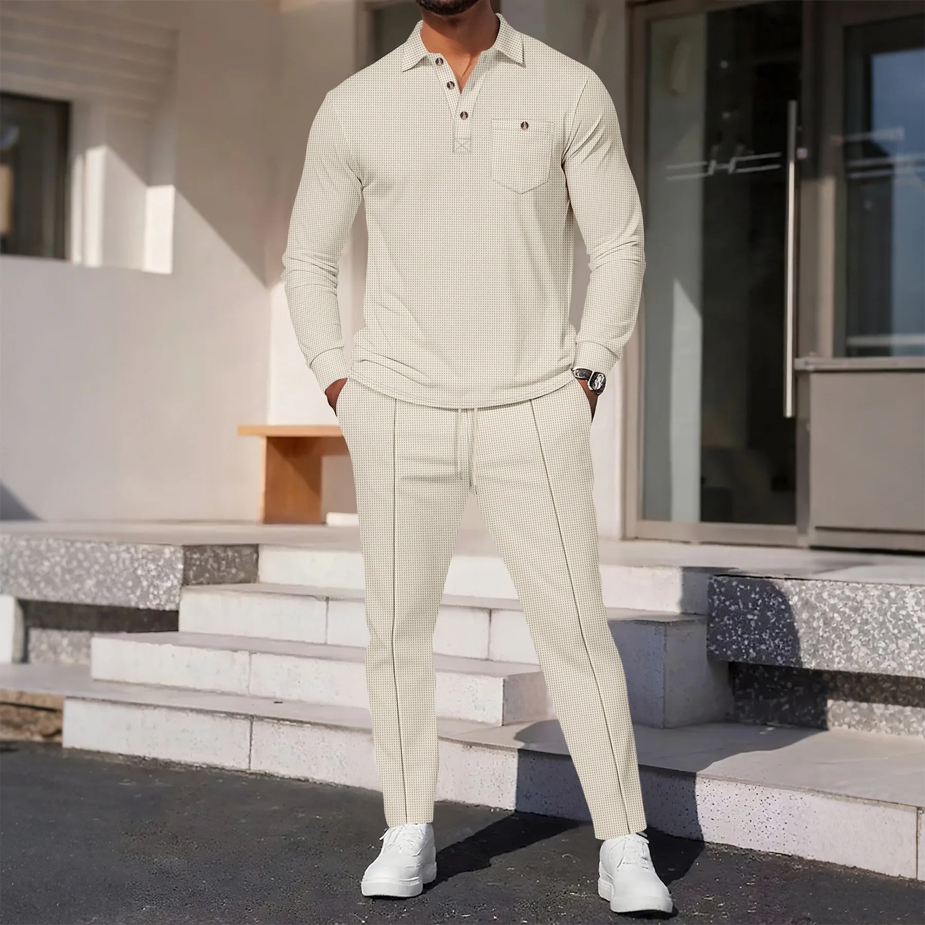 2025 Autumn New Style Waffle Pure Color Collar Pocket Long Sleeve Long Pants Casual Set