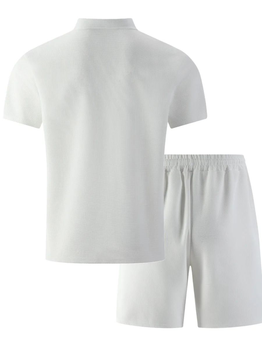 2026 New Men's Waffle Knit Double Pocket Polo Two-Piece Set S-3XL