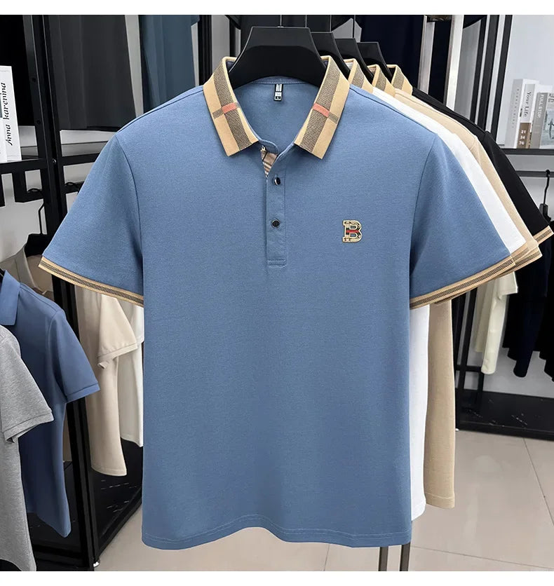 2026 High-end Letter B Printed Summer Men's Color Blocked Lapel Short Sleeved Polo Shirt Versatile Tshirt for Business Commuting