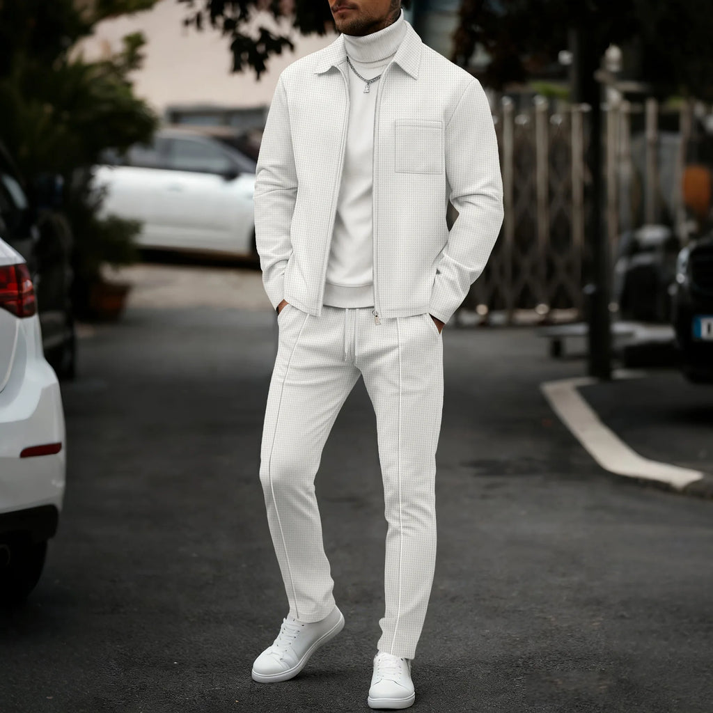 Men's two-piece casual suit, waffle texture jacket and trousers set, plain color casual street style winter and autumn outfit