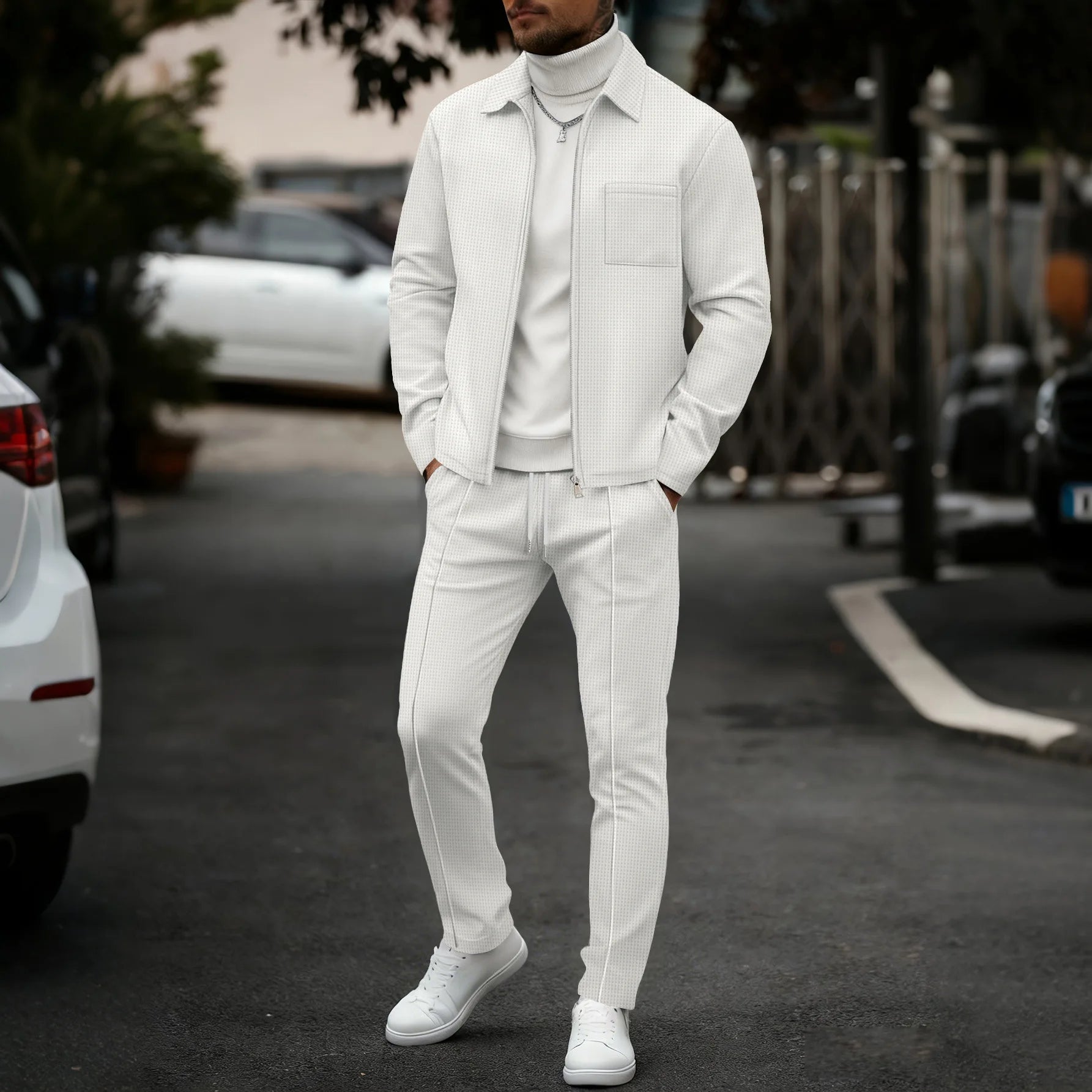 Men's two-piece casual suit, waffle texture jacket and trousers set, plain color casual street style winter and autumn outfit