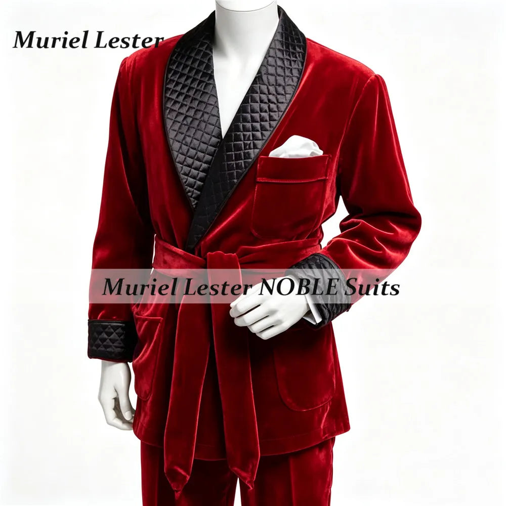 Smoking Business Velvet Suit Jackets For Men With Belt Black Shawl Lapel Groom Blazers Customized Man Party Coat Dinner Outfits
