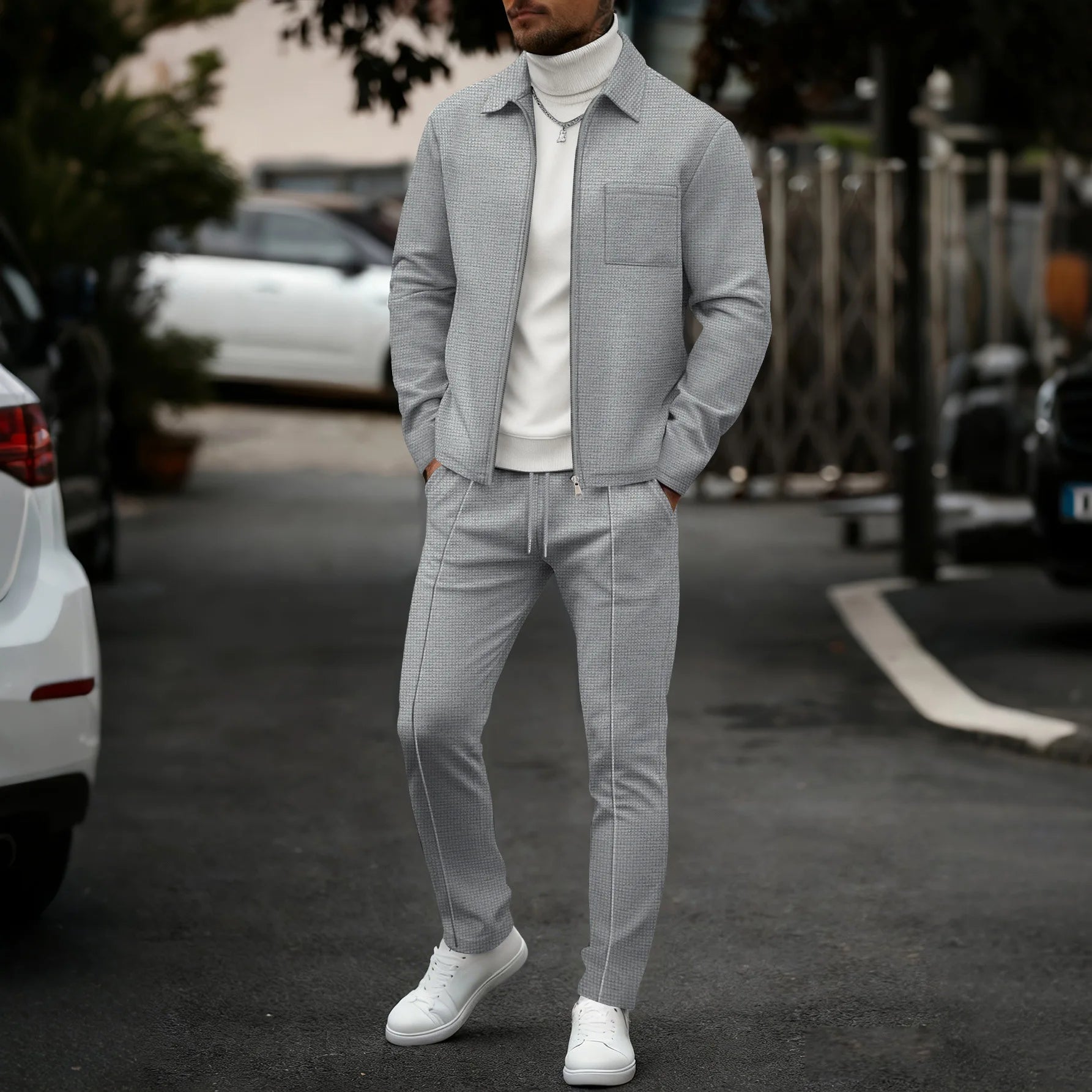 Men's two-piece casual suit, waffle texture jacket and trousers set, plain color casual street style winter and autumn outfit