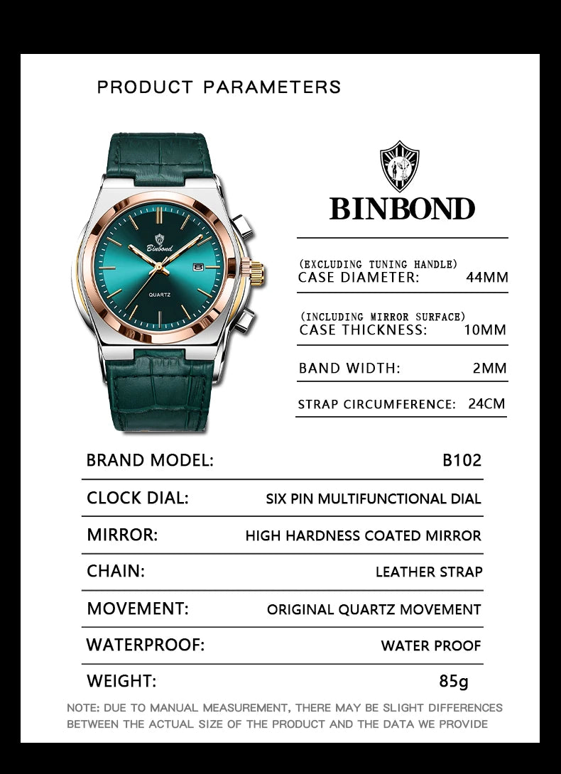 BINBOND Luxury Quartz Wristwatches Luminous Waterproof Auto Date Men's Watch Business Sport Fashion Casual Reloj Leather Clock