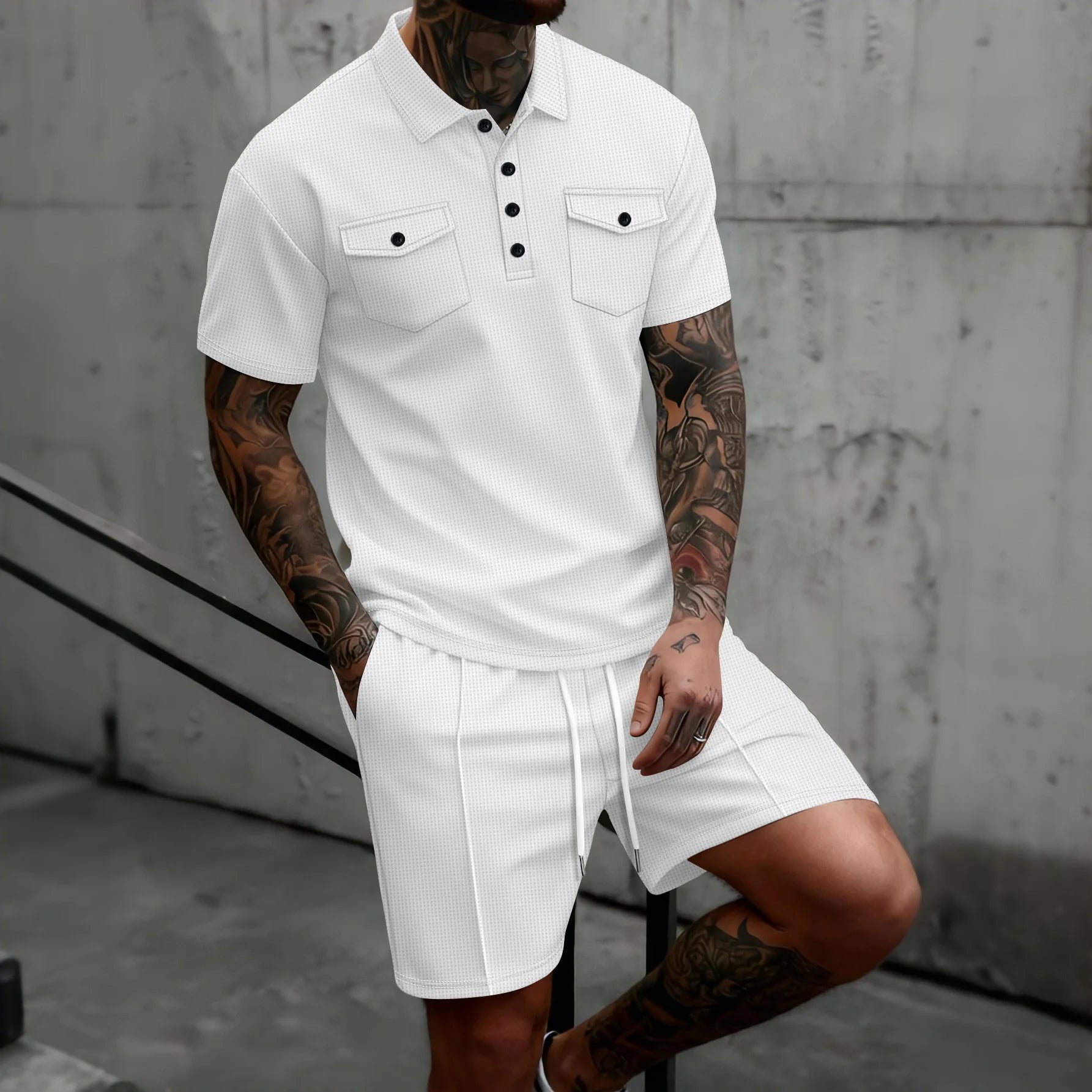 2026 New Men's Waffle Knit Double Pocket Polo Two-Piece Set S-3XL