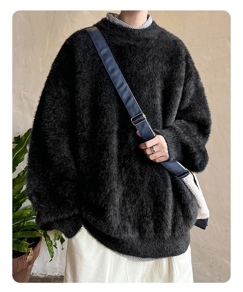 Autumn Men's Solid Fluffy Knitted Sweaters New Korean Fashion Loose Warm Pullovers Winter Couples Y2K Vintage Knitwear Jumpers