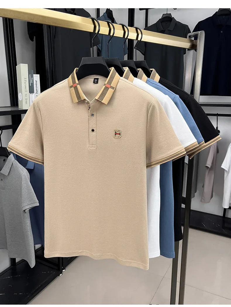 2026 High-end Letter B Printed Summer Men's Color Blocked Lapel Short Sleeved Polo Shirt Versatile Tshirt for Business Commuting