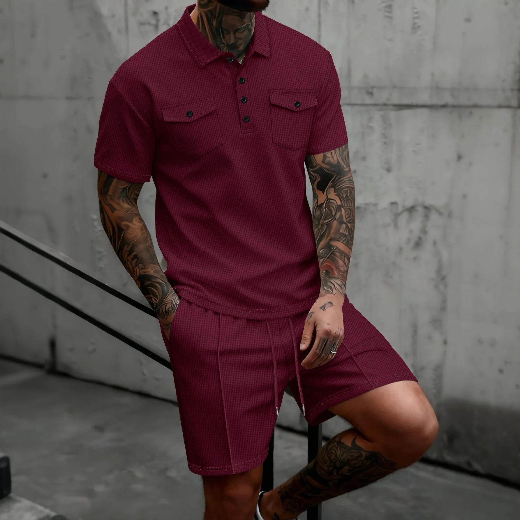 2026 New Men's Waffle Knit Double Pocket Polo Two-Piece Set S-3XL