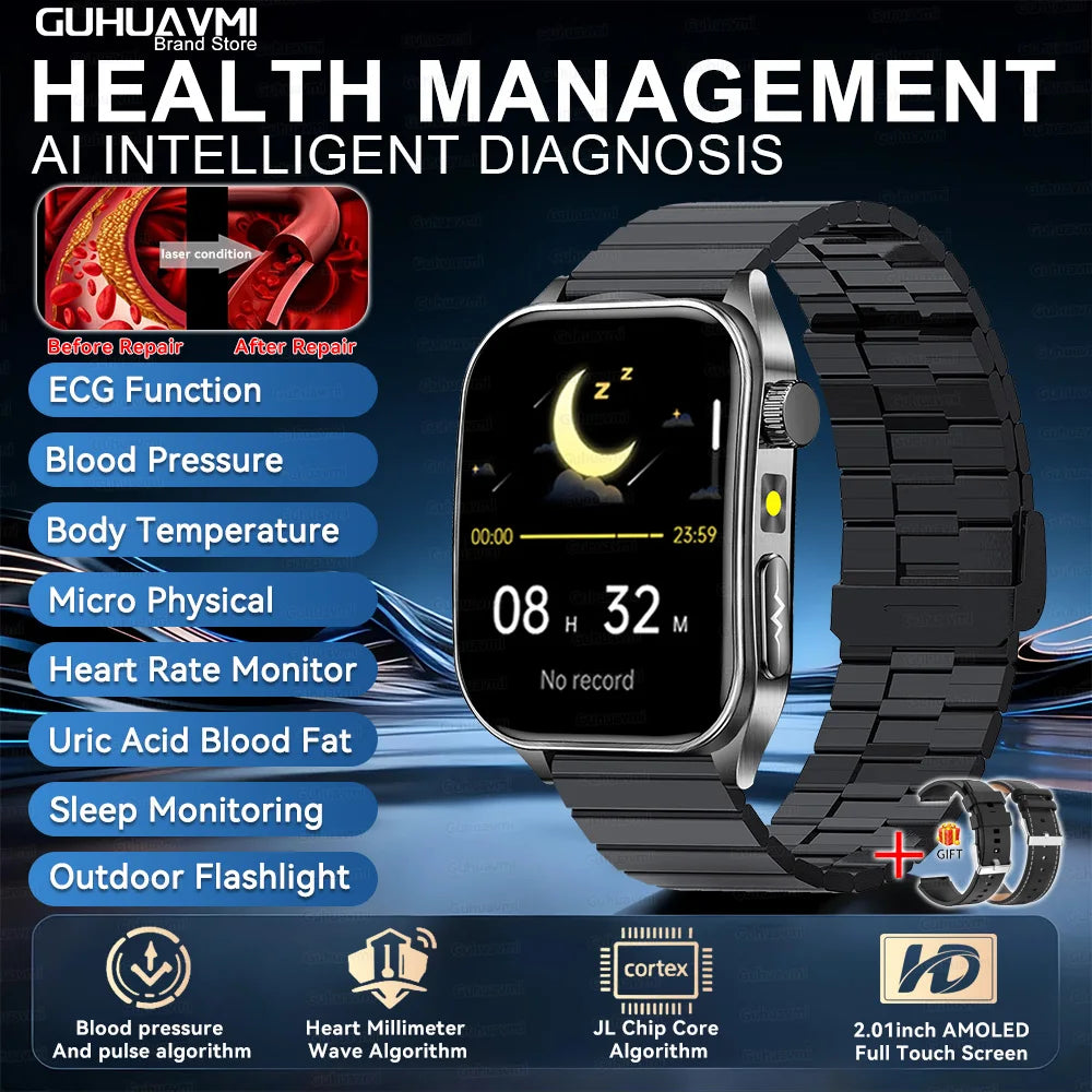 GUHUAVMI New Laser Therapy ECG+PPG Smart Watch Health Monitor Blood Lipids Uric Acid Heart Rate Tracking Monitoring Smartwatches