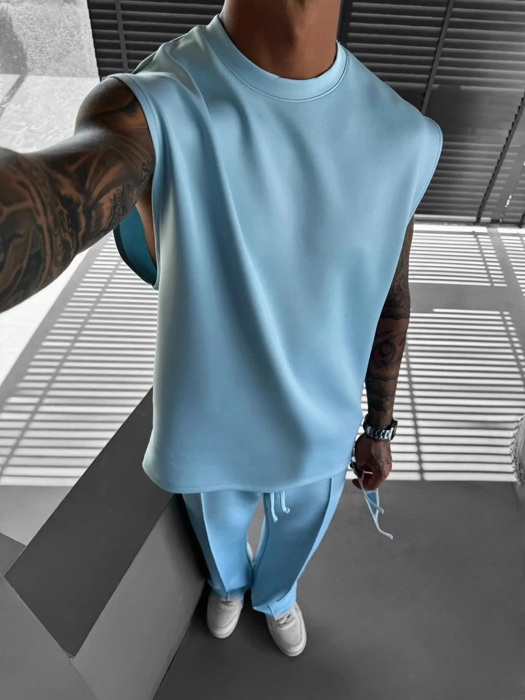 Breathable Sleeveless Summer New Men's Fitness Suit T-shirt Loose Sports Pants European and American Training Suit Two-piece Set