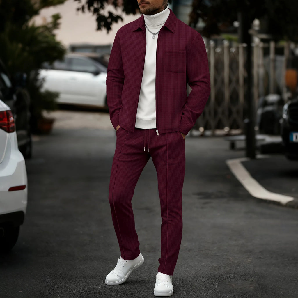 Men's two-piece casual suit, waffle texture jacket and trousers set, plain color casual street style winter and autumn outfit