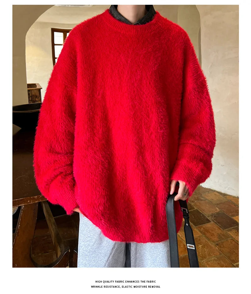 Autumn Men's Solid Fluffy Knitted Sweaters New Korean Fashion Loose Warm Pullovers Winter Couples Y2K Vintage Knitwear Jumpers