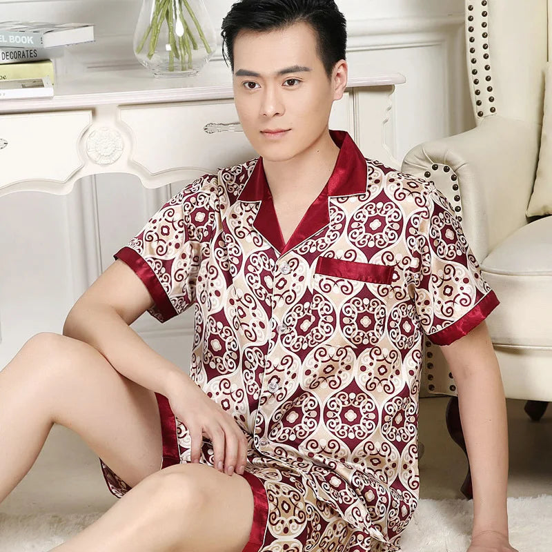 High Quality Pajamas Set Men Spring Autumn Thin Polyester Ice Silk Long-sleeved Sleepwear Plus Size Summer Home Clothes Male