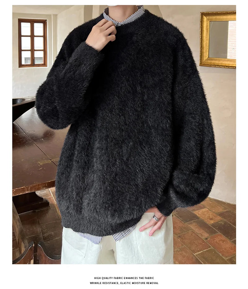 Autumn Men's Solid Fluffy Knitted Sweaters New Korean Fashion Loose Warm Pullovers Winter Couples Y2K Vintage Knitwear Jumpers
