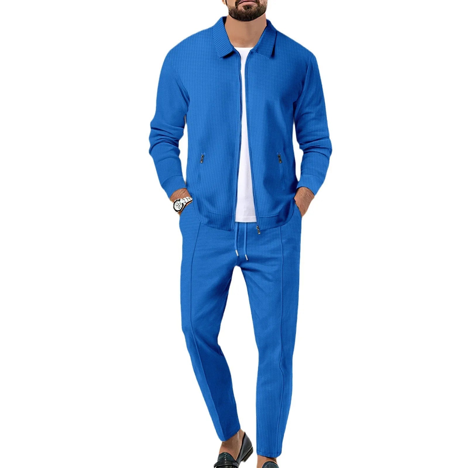 2026 Coat Fall Waffle Zip Pocket Lapel Slim Cardigan Men's Jacket Set