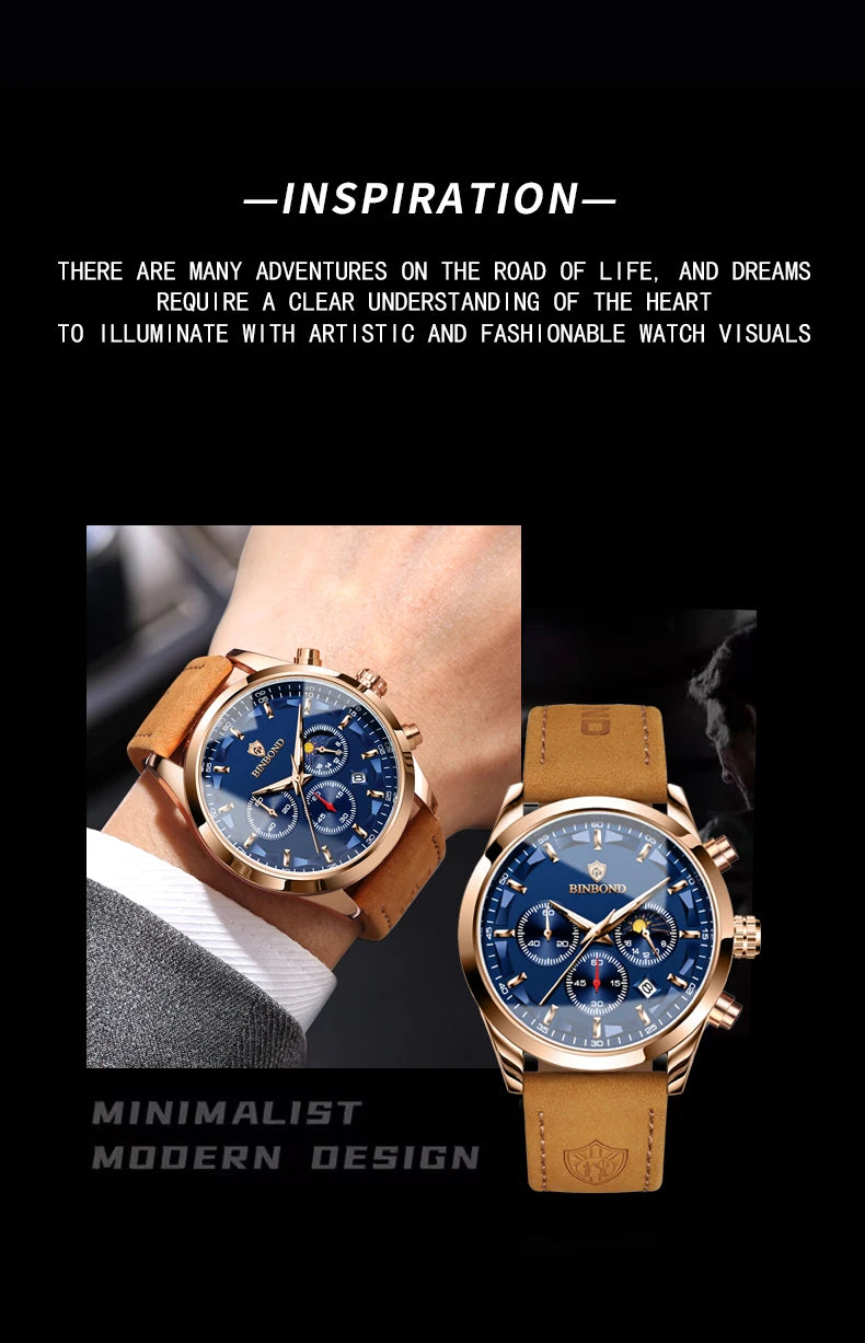 BINBOND  luminous waterproof accurate sturdy luxury quartz wristwatches for men chronograph auto date men's watch casual reloj