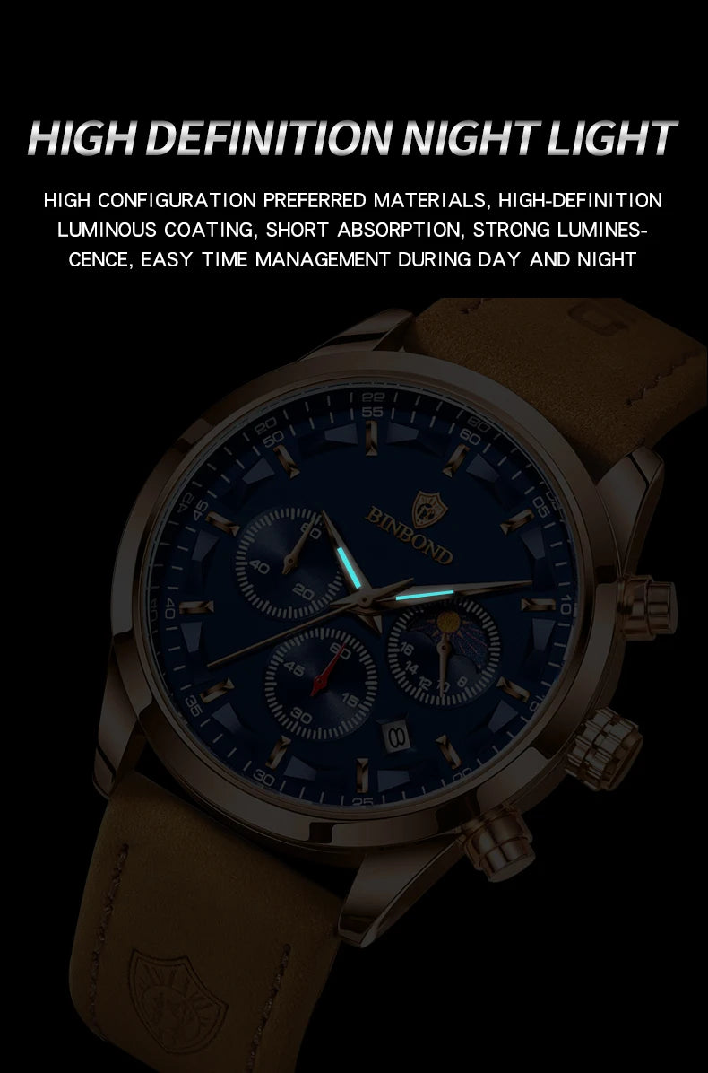 BINBOND  luminous waterproof accurate sturdy luxury quartz wristwatches for men chronograph auto date men's watch casual reloj