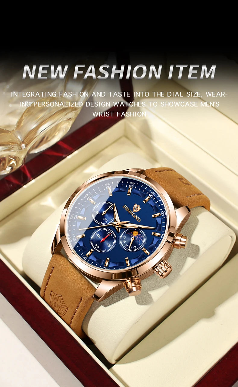 BINBOND  luminous waterproof accurate sturdy luxury quartz wristwatches for men chronograph auto date men's watch casual reloj
