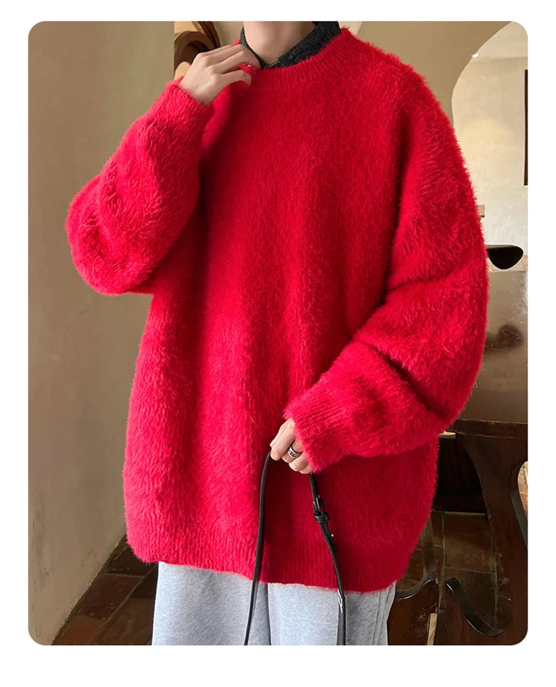 Autumn Men's Solid Fluffy Knitted Sweaters New Korean Fashion Loose Warm Pullovers Winter Couples Y2K Vintage Knitwear Jumpers