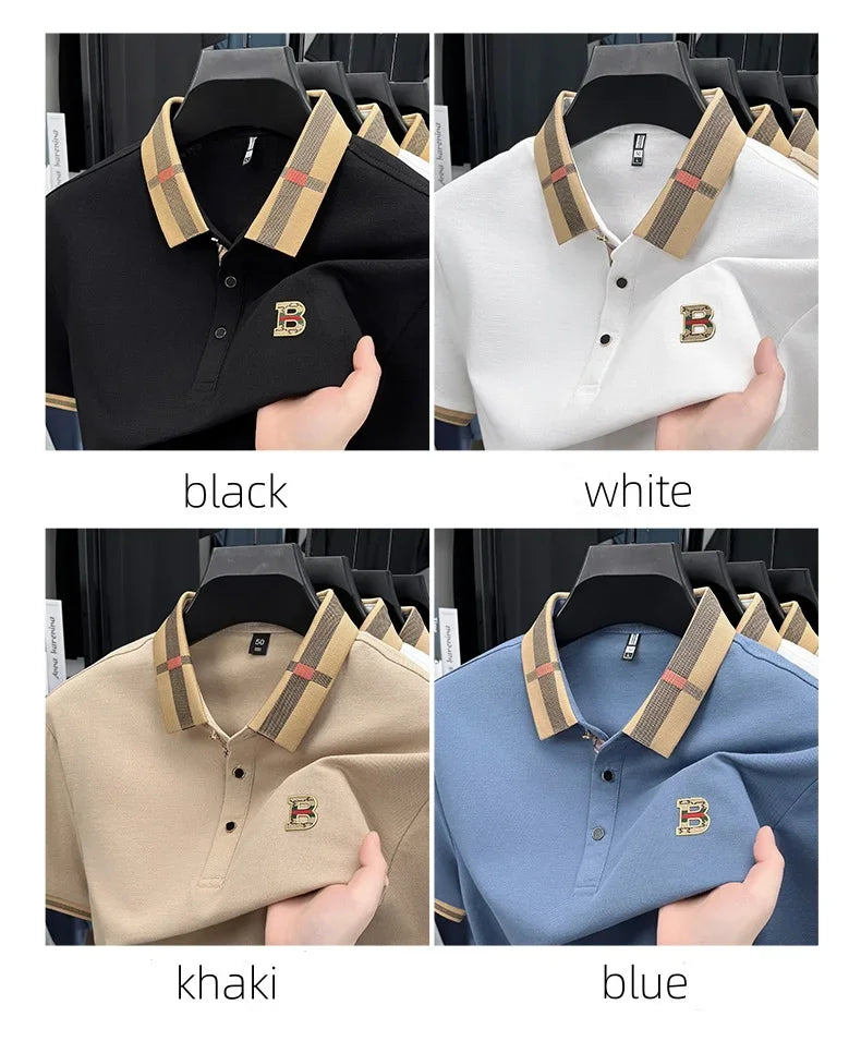 2026 High-end Letter B Printed Summer Men's Color Blocked Lapel Short Sleeved Polo Shirt Versatile Tshirt for Business Commuting