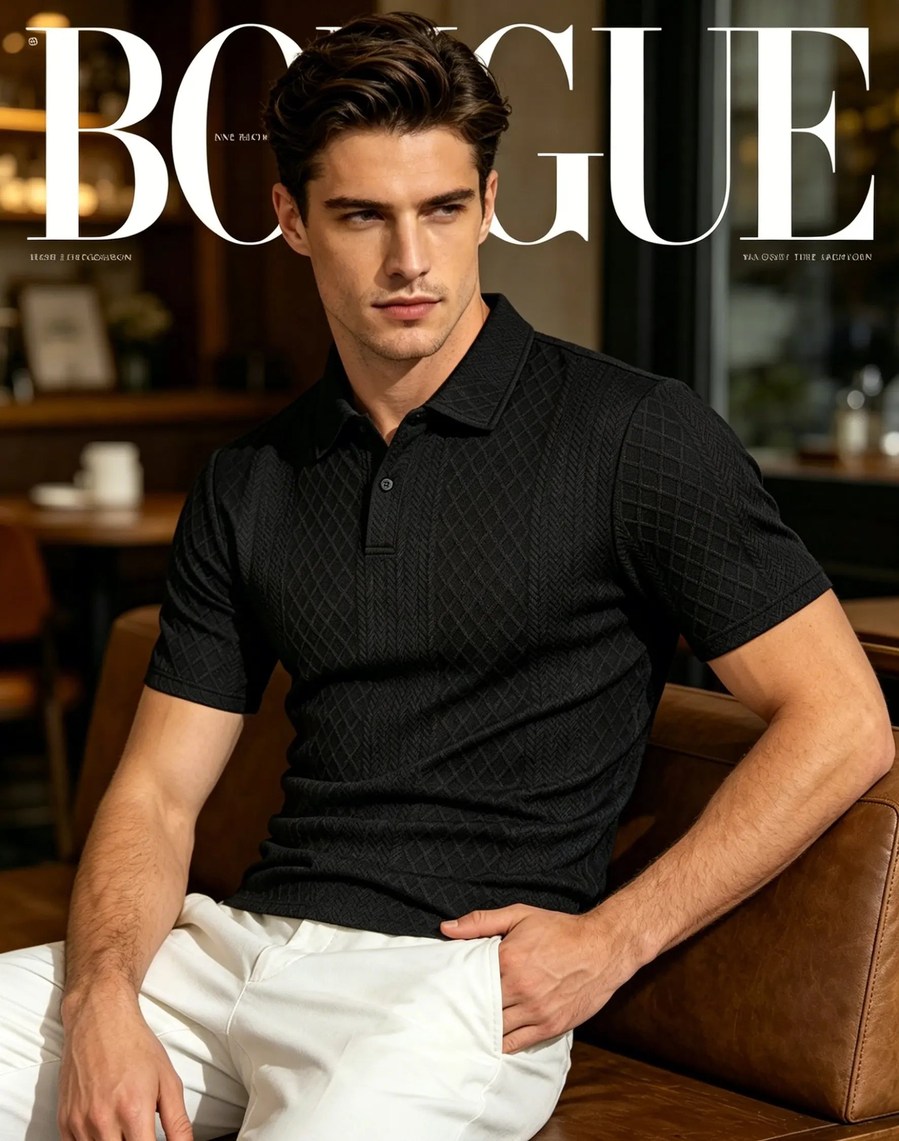 Men's Diamond Jacquard Knit Polo Shirt Breathable Quick Dry Casual Business Short Sleeve Top for Men