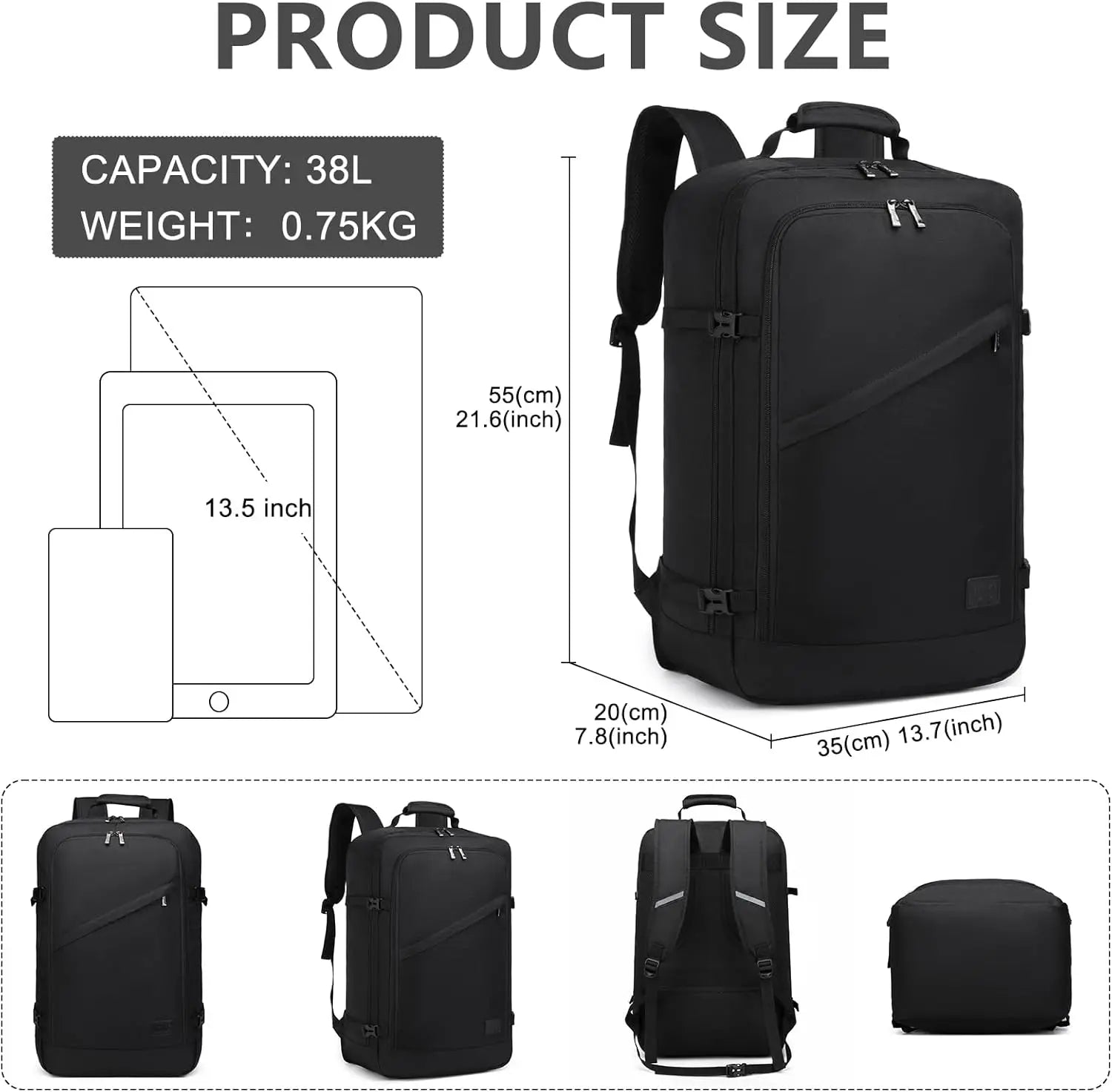 S/M/L Kono Cabin bag-Minimalist, Lightweight, Compatible with Ryanair hand luggage, Travel Backpack, 20L-38L